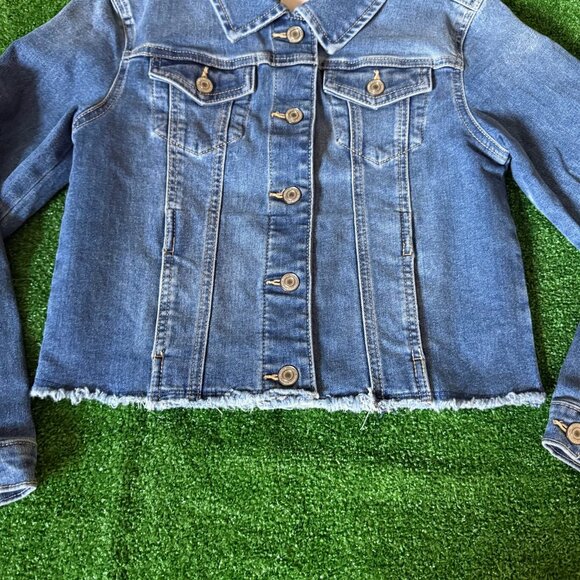 SO Raw Hem Classic Trucker Denim Blue Jeans Timeless Jacket Size L (10/12) - Picture 5 of 12